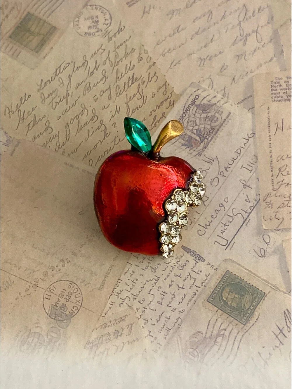 Sparkling Red Apple Brooch with Emerald Leaf and Rhinestone Bite